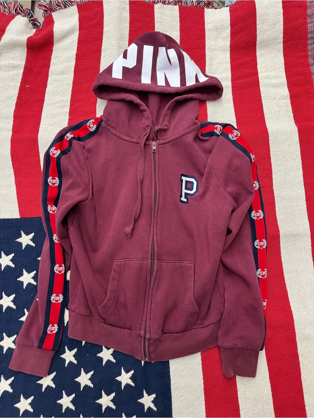 Victoria's Secret PINK Maroon Zip-Up Hoodie with Red & Navy Trim Women’s Size XS